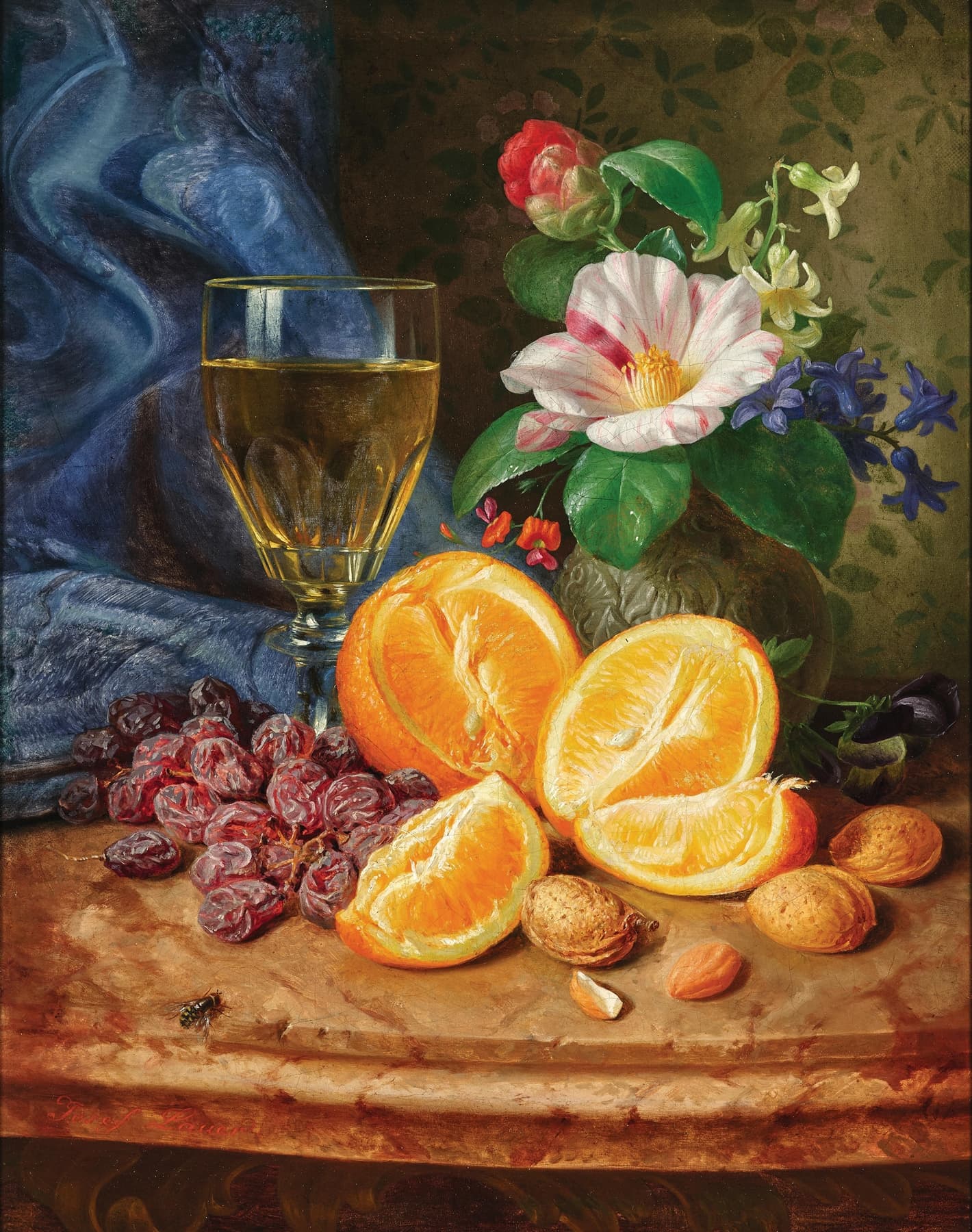 Still Life with Oranges, a Wine Glass and Camellias, Josef Lauer