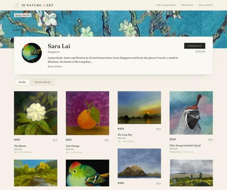 Sara Lai's artist page on Of Nature and Art